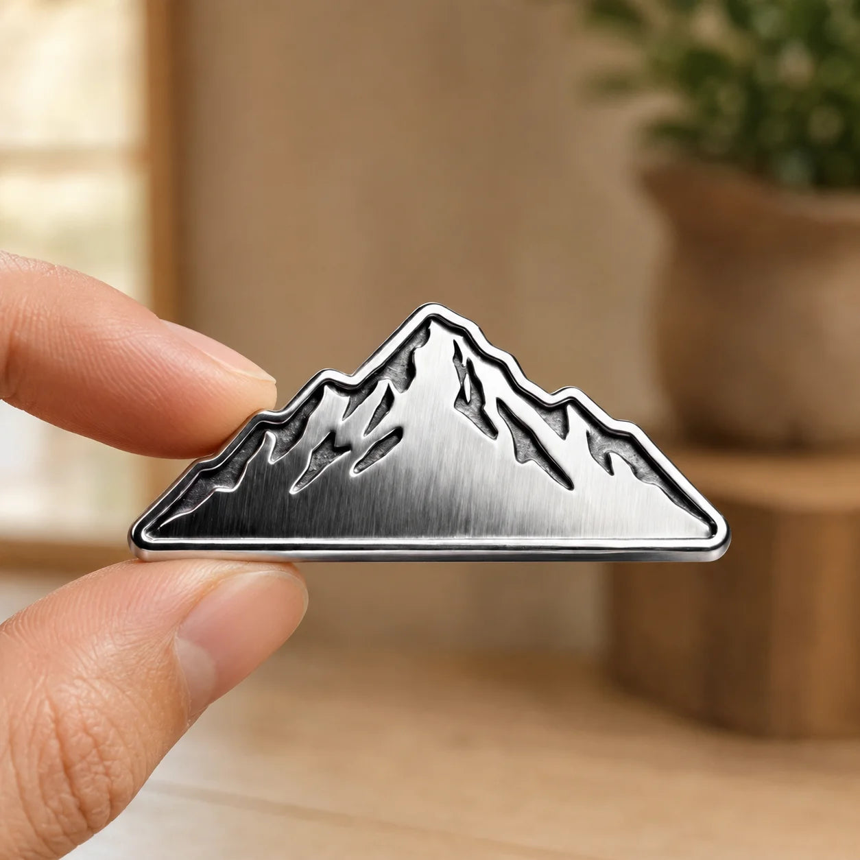 3D Embossed Mountain Shape Metal Badge Brushed Silver Outdoor Wilderness Design  - custom hard enamel (cloisonne) pins manufacturer