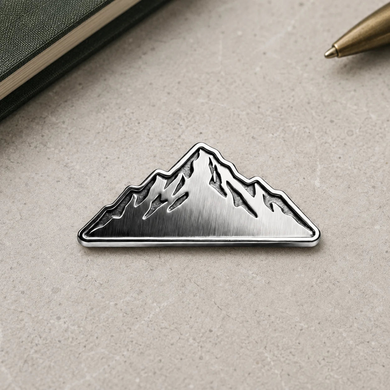 3D Embossed Mountain Shape Metal Badge Brushed Silver Outdoor Wilderness Design  - custom hard enamel (cloisonne) pins manufacturer