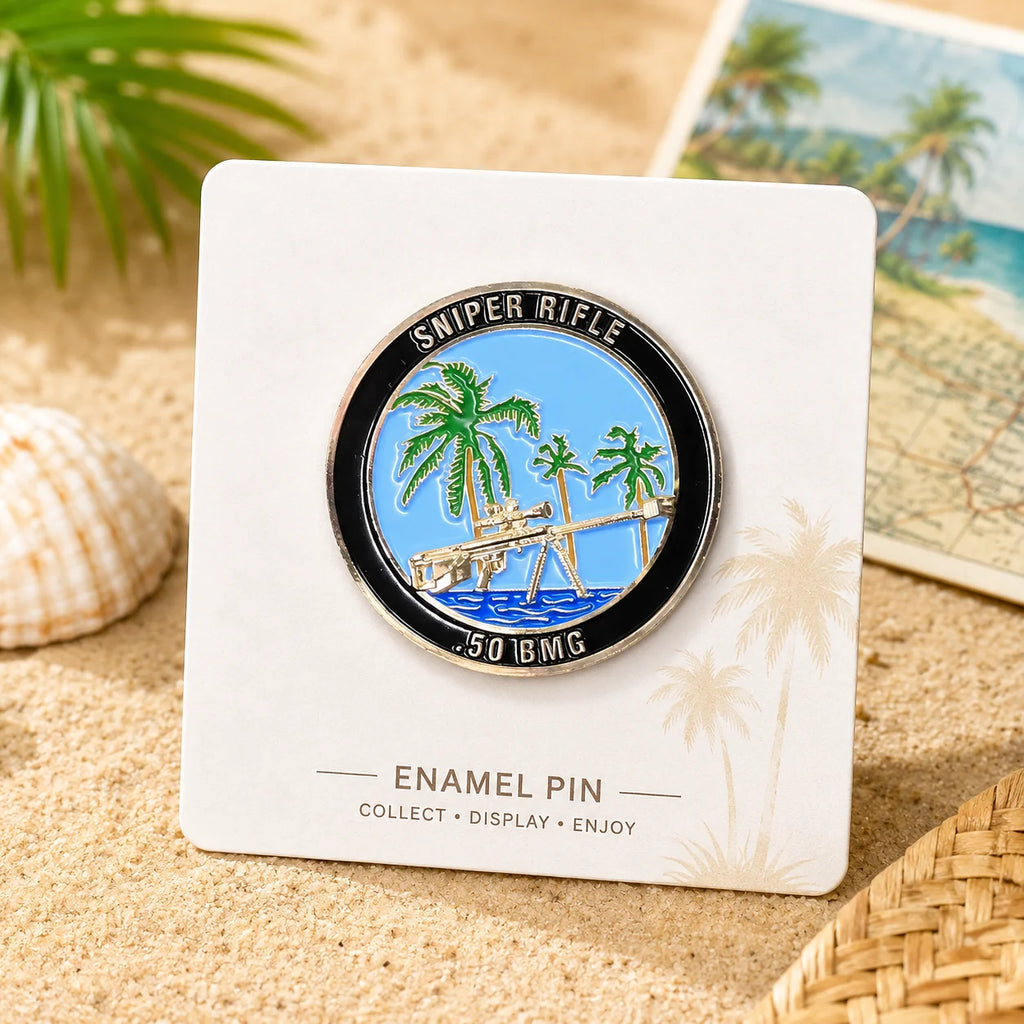 Circular Challenge Coin Black Border Sniper Gun Palm Beach Landscape Engraved Te - custom challenge coins manufacturer