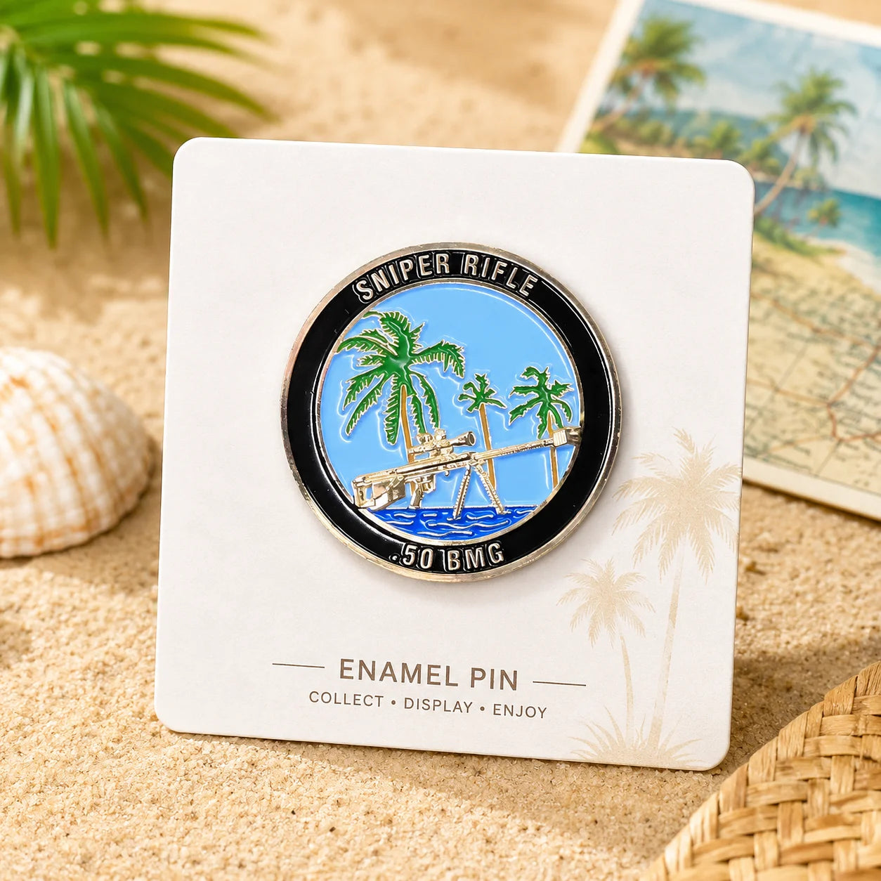 Circular Challenge Coin Black Border Sniper Gun Palm Beach Landscape Engraved Te - custom challenge coins manufacturer