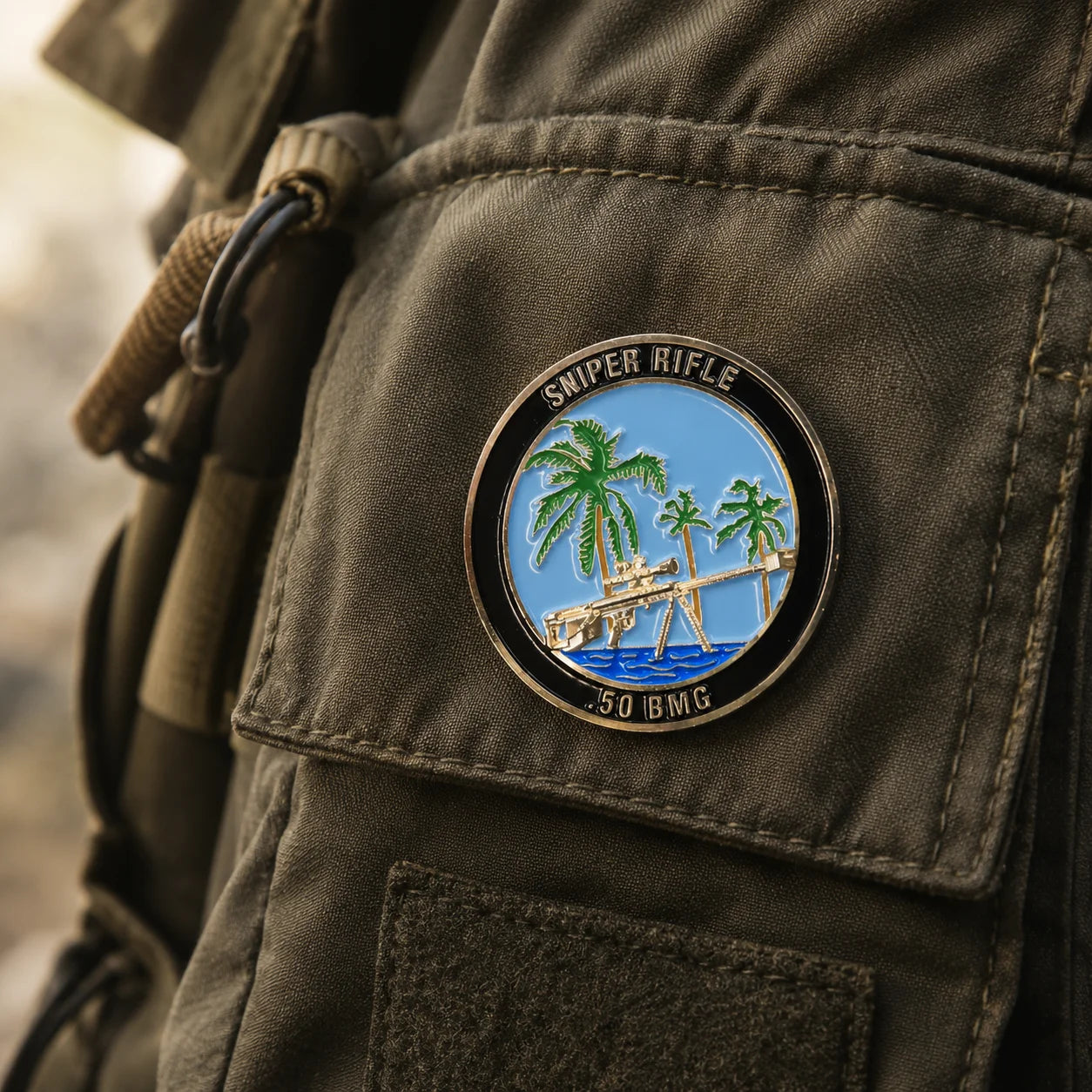 Circular Challenge Coin Black Border Sniper Gun Palm Beach Landscape Engraved Te - custom challenge coins manufacturer