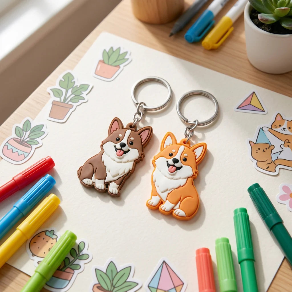 Cute Cartoon Corgi Dog PVC Keychain Soft Rubber Animal Key Ring Backpack Decorat - custom custom metal keychains manufacturer