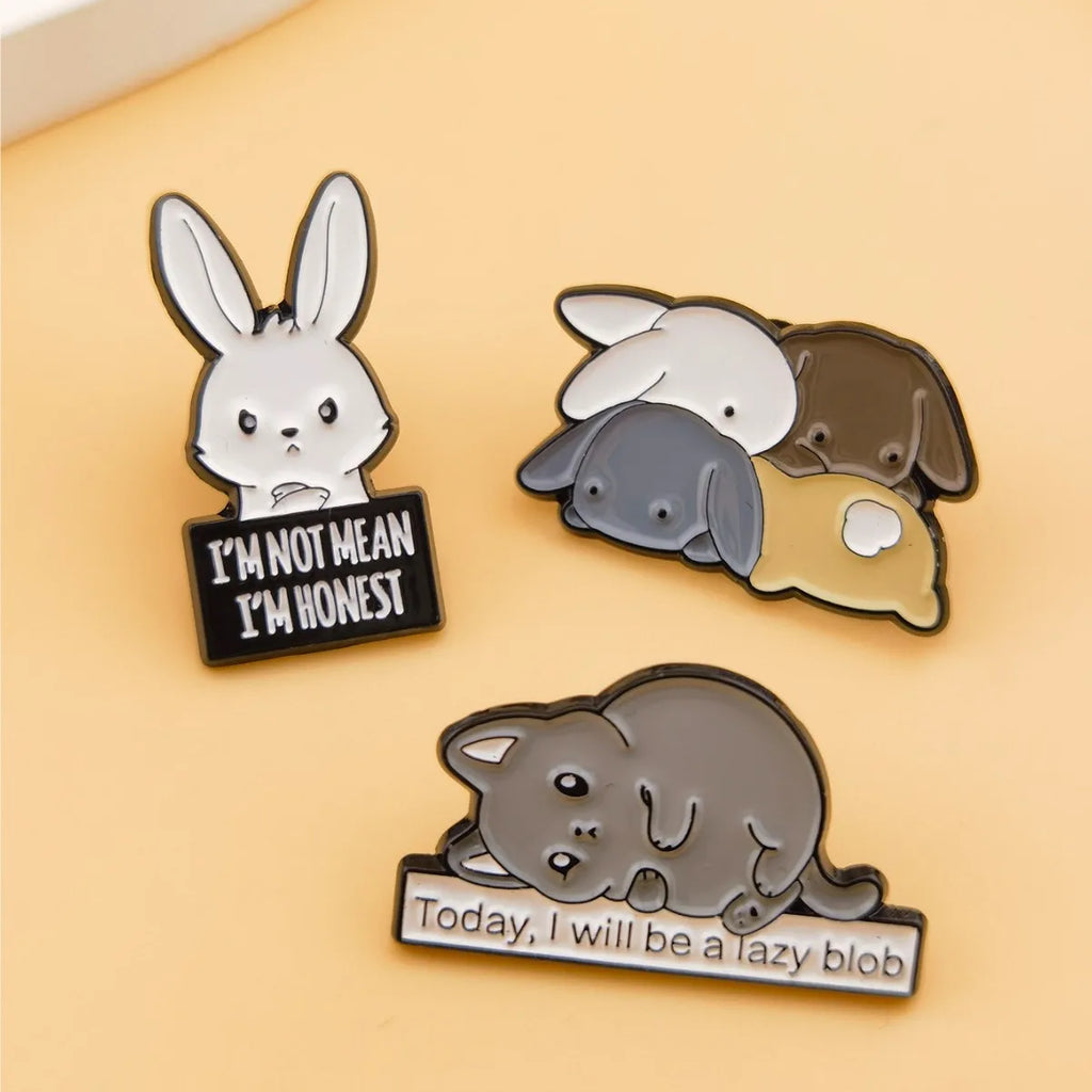 Cute Funny Slogan Animal Enamel Pins Cartoon Rabbit Cat Dog Quote Lapel Badges B - custom soft enamel lapel pins manufacturer
