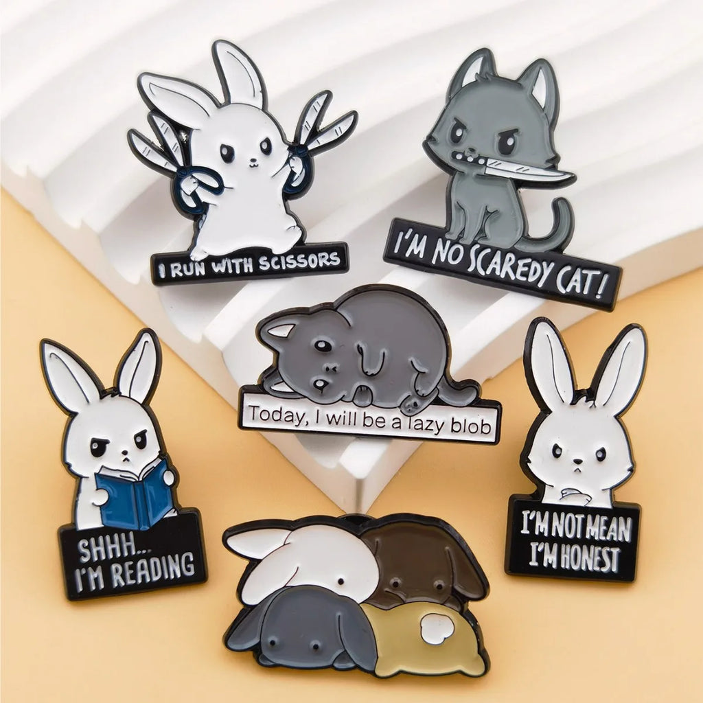 Cute Funny Slogan Animal Enamel Pins Cartoon Rabbit Cat Dog Quote Lapel Badges B - custom soft enamel lapel pins manufacturer
