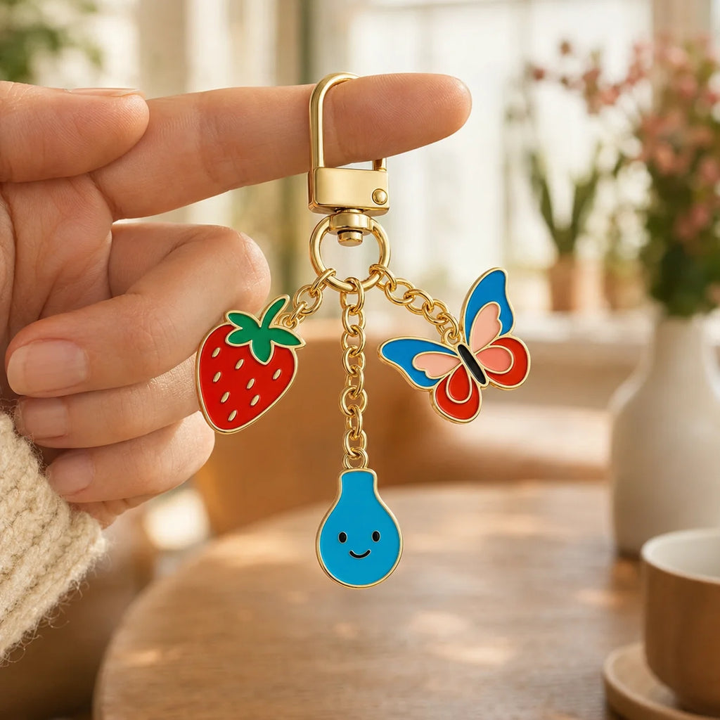 Enamel Metal Keychain Strawberry Butterfly Water Drop Charms Key Ring for Backpa - custom custom metal keychains manufacturer
