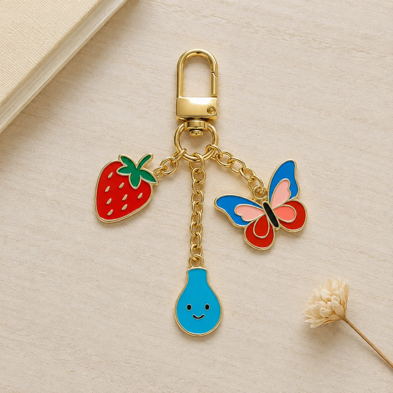 Enamel Metal Keychain Strawberry Butterfly Water Drop Charms Key Ring for Backpa - custom custom metal keychains manufacturer