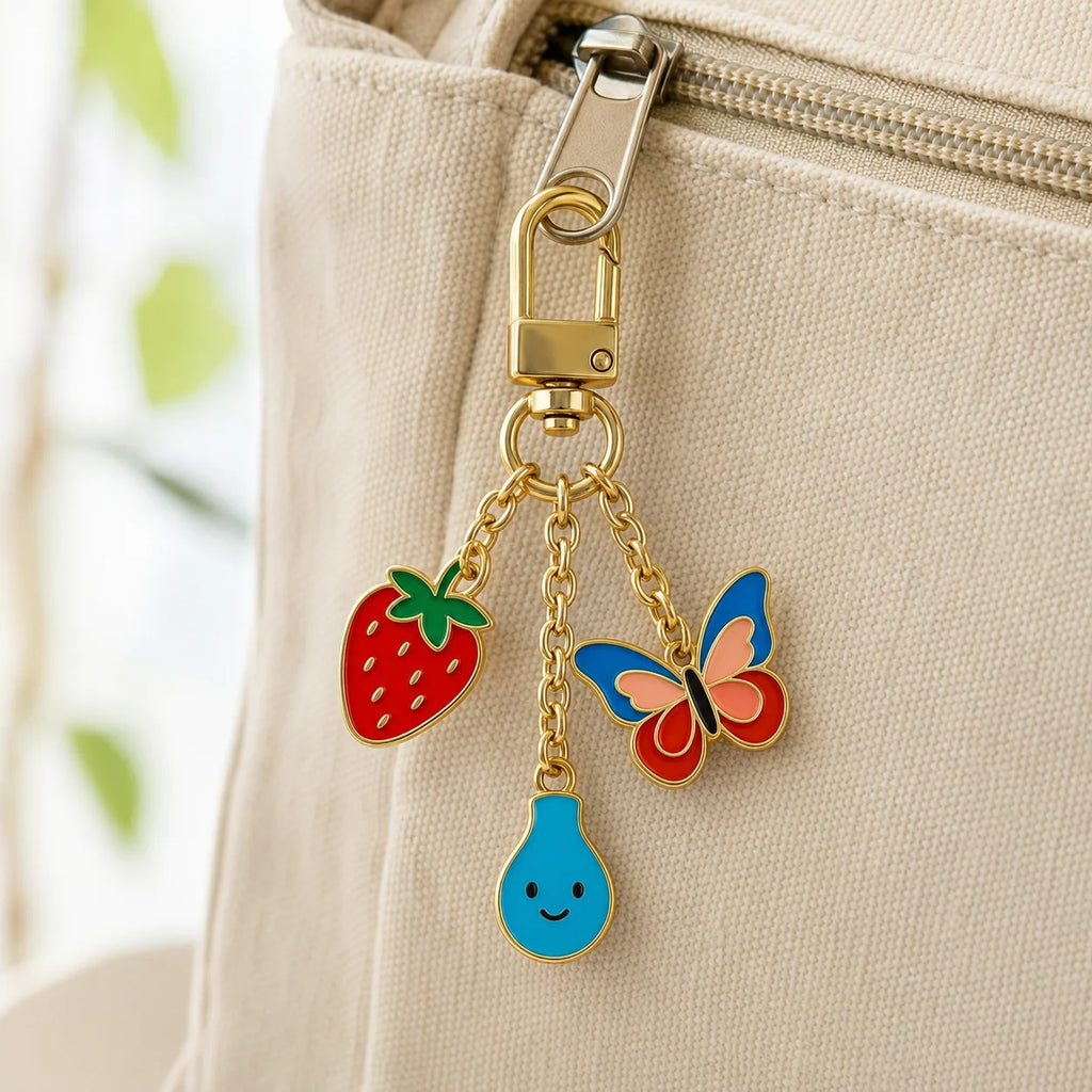 Enamel Metal Keychain Strawberry Butterfly Water Drop Charms Key Ring for Backpa - custom custom metal keychains manufacturer