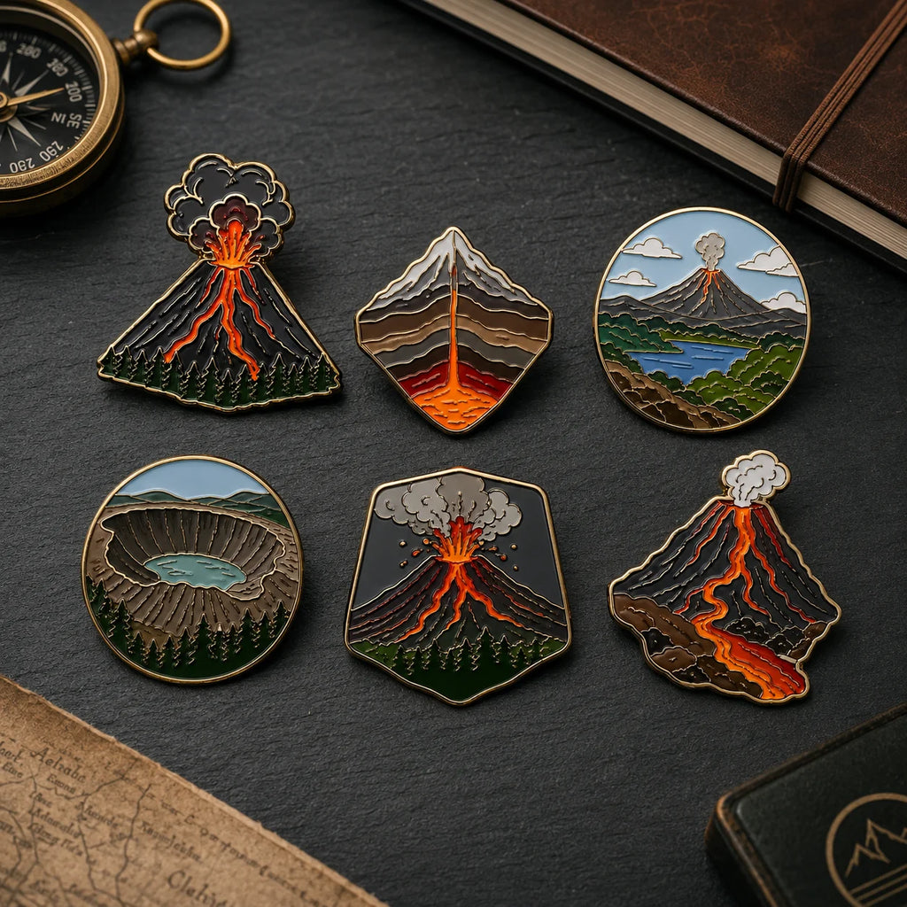 OEM Custom Nature Volcano Enamel Pins Multi Shape Lava Mountain Embossed Hard En - custom hard enamel (cloisonne) pins manufacturer