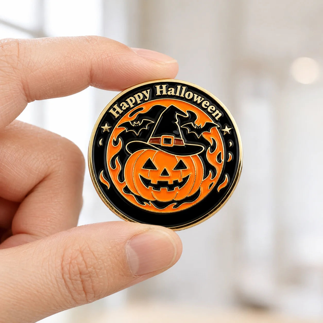 OEM Custom Round Halloween Enamel Pin Pumpkin Witch Bat Embossed Hard Enamel Met - custom hard enamel (cloisonne) pins manufacturer