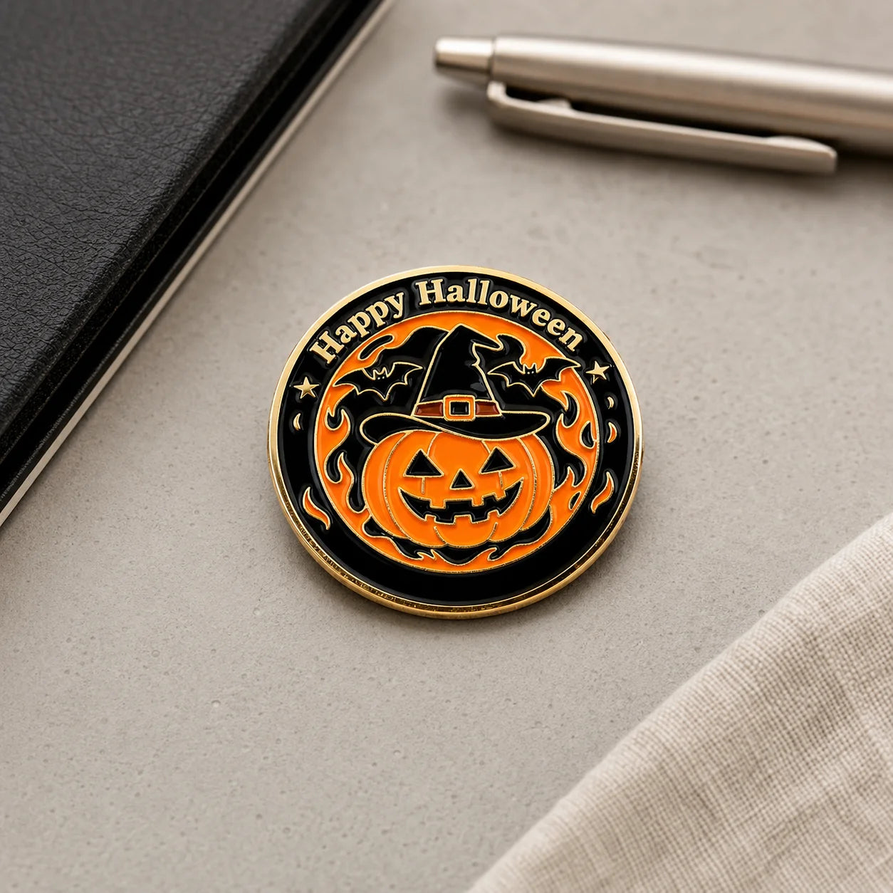 OEM Custom Round Halloween Enamel Pin Pumpkin Witch Bat Embossed Hard Enamel Met - custom hard enamel (cloisonne) pins manufacturer