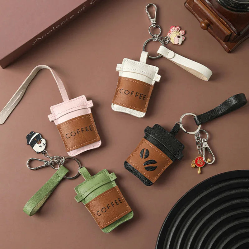PU Leather Coffee Cup Keychain Cute Drink Shaped Bag Charm with Strap Durable Mi - custom custom metal keychains manufacturer