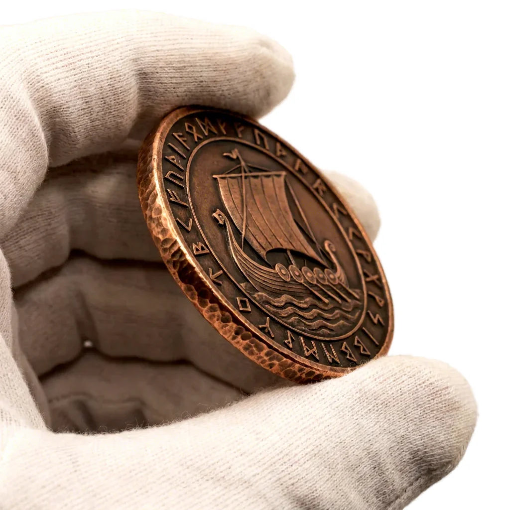 Retro Copper Norse Collectible Medal Embossed Viking Dragon Ship Full Rune Circl - custom medals and sports awards manufacturer