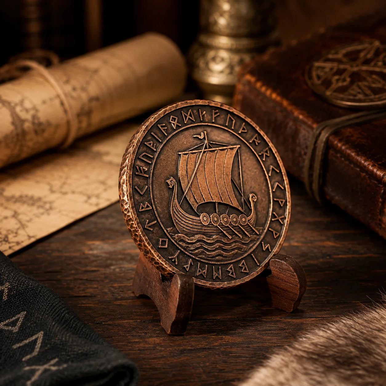 Retro Copper Norse Collectible Medal Embossed Viking Dragon Ship Full Rune Circl - custom medals and sports awards manufacturer
