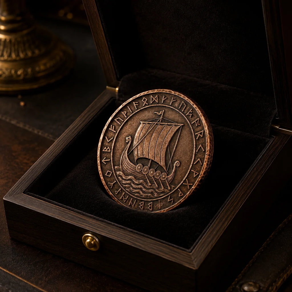 Retro Copper Norse Collectible Medal Embossed Viking Dragon Ship Full Rune Circl - custom medals and sports awards manufacturer
