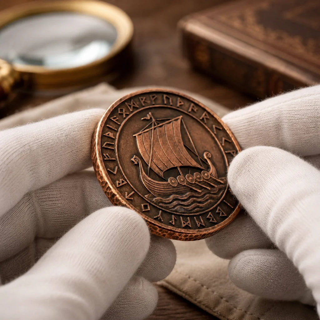Retro Copper Norse Collectible Medal Embossed Viking Dragon Ship Full Rune Circl - custom medals and sports awards manufacturer