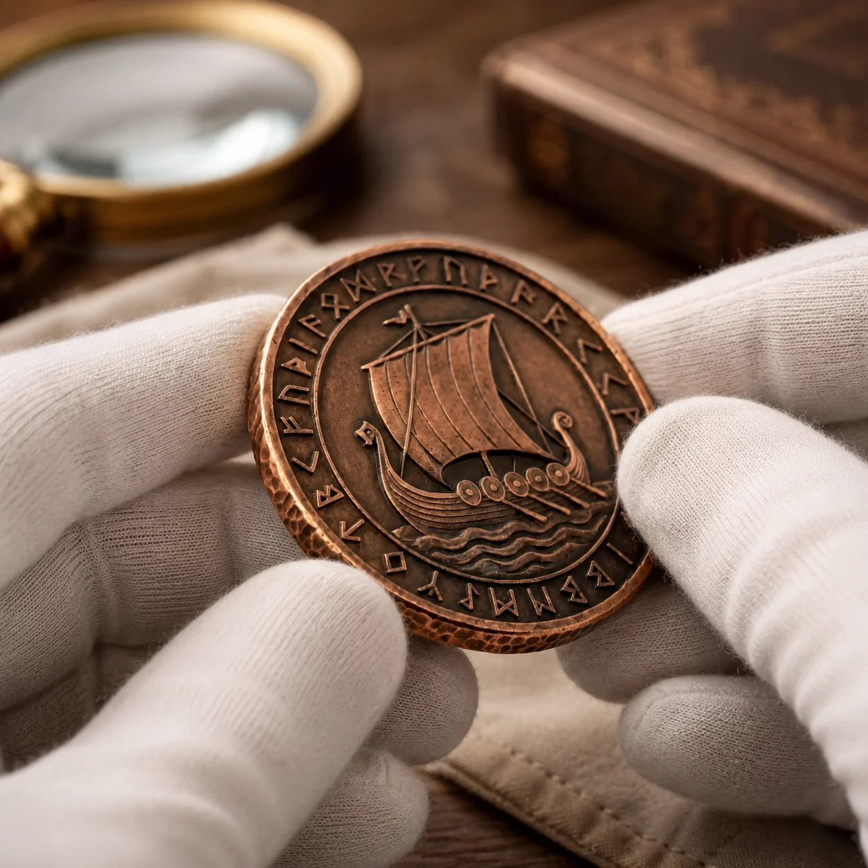 Retro Copper Norse Collectible Medal Embossed Viking Dragon Ship Full Rune Circl - custom medals and sports awards manufacturer